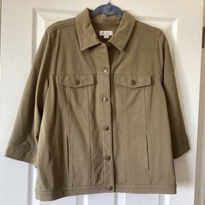 $30 Denim & Co. Comfy Knit Denim Jacket.  Color: Sage Green Large 4 pockets